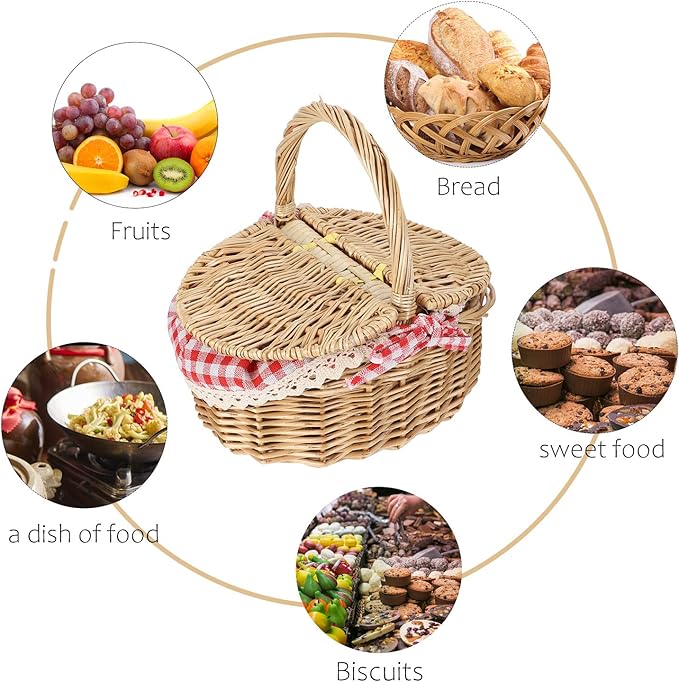 Toyvian Rattan Picnic Basket with Lid Small Wicker Lunch Basket Oval Outdoor Storage for Picnic and Garden Use 10.2X7X6 Inches