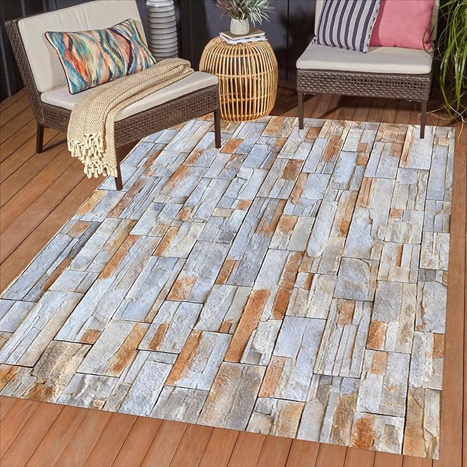 Gray Brown Irregular Sandstone Texture Outdoor Rug 10x12 Waterproof Stone Wall Print Outdoor Rug for Patio Deck Porch Balcony Backyard Camping Natural Rustic Farmhouse Non Slip Outside Carpet Mats