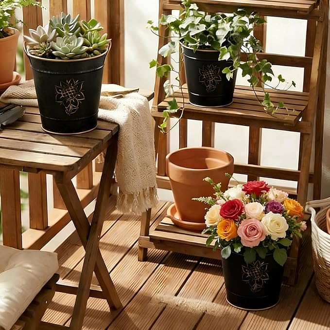 AVLA 3 Pack Galvanized Bucket, Rustic Farmhouse Metal Flower Vase, Vintage Plant Pot, Decorative Tin Pails with Handles for Wedding Decorations, Centerpieces, Home Decor, Garden Planter, 5.7 Inch