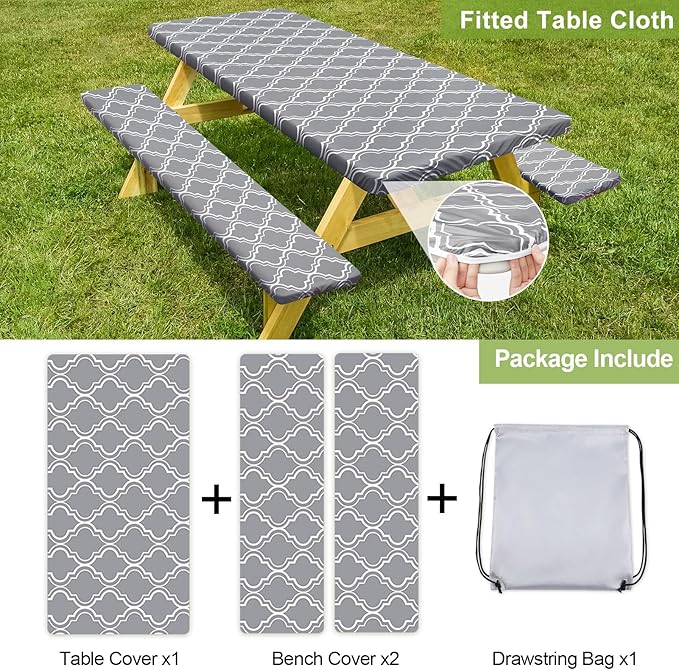 Play Tailor Picnic Table Cover with Bench Covers Camping Essentials Waterproof Windproof Camping Tablecloth with Drawstring Bag, Fitted Rectangle Tables and Seats, 72in, Grey