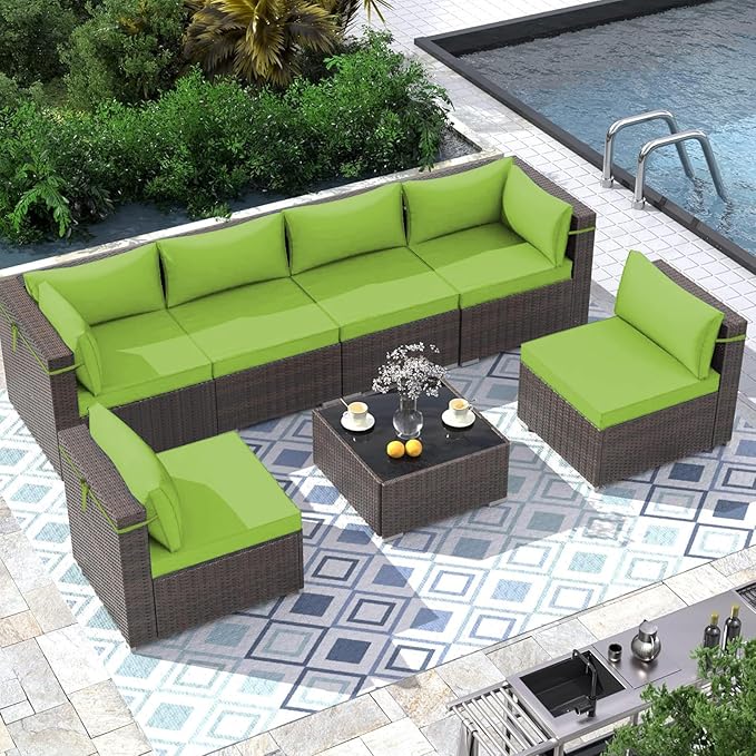 Outdoor Sectional Cushions Replacement Set, 26x26in Patio Furniture Cushions, 14 Pieces Waterproof Outdoor Couch Cushion for 6 Seat Wicker Conversation (Olive Green)
