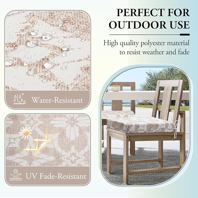 Wellsin Outdoor Chair Cushions for Patio Furniture - Outdoor Cushions for Chairs - Water Resistant Patio Chair Cushions Set of 4, 18.5"X16"X3", Flower Beige