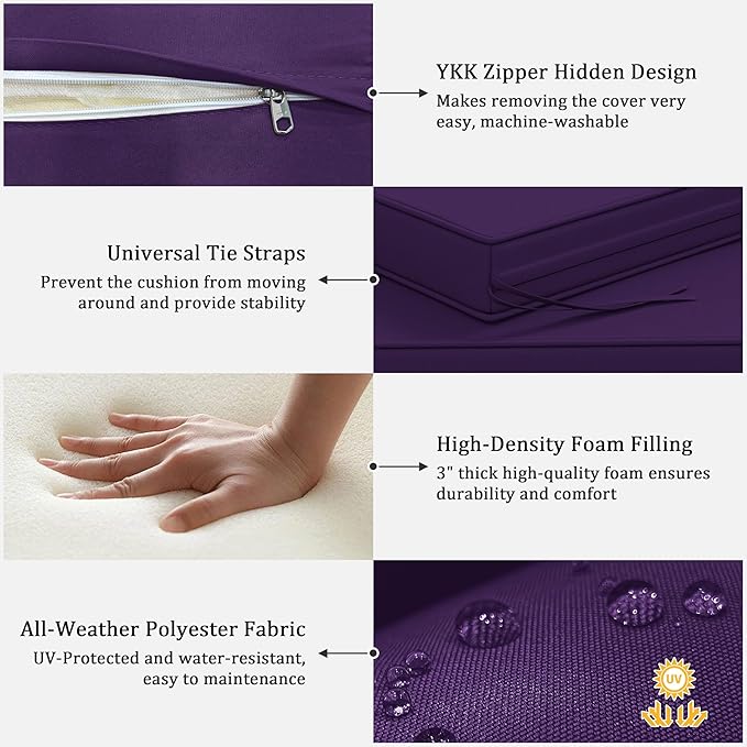 3 Pack Outdoor Replacement Cushions,36L x 18W x 3H,18L x 18W x 3H inch, High-Elastic Replacement Sponge for 4-Seater Water-Resistant Patio/Sofa with Removable Covers (Purple)