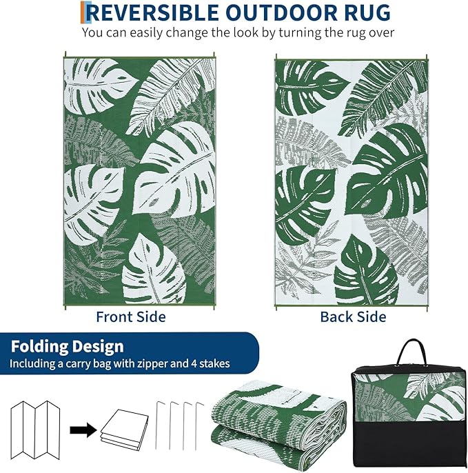 9x12 Outdoor Rug Waterproof Foldable Plastic Straw Carpet for Patio Porch Modern Leaf Print Reversible Mat Lightweight Floor Mat for Picnic, Backyard, Rv, Deck, Camper, Balcony，Green/White