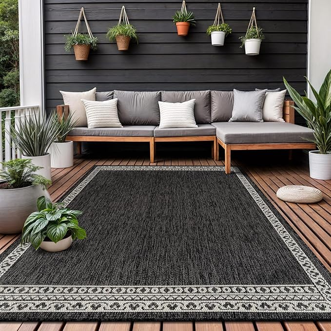 Washable Outdoor Rug 9x12 Modern Area Rugs Outdoor Carpets Bordered Pattern Non Shedding Waterproof Easy Clean Patio Deck Porch Living Room Bedroom Garden RV (9 X 12 Dark Gray)