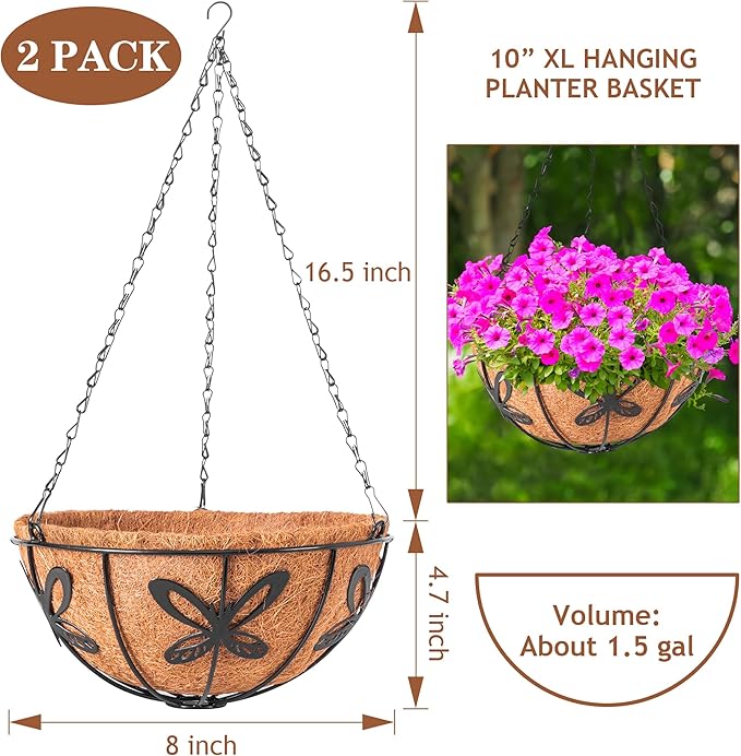 Hanging Baskets Planter for Plants, 2 Pack 8 Inch Round Metal Wire Hanging Flower Pots with Coco Coir Liner Chain, Plant Holder for Home Garden Balcony Decor