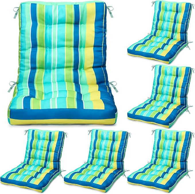 Hoteam 6 Set Patio Chair Cushions Outdoor High Chair Cushion 20 x 40 Inch Waterproof Patio Seat Rocking Indoor Thickened Pad(Striped Style,Green)