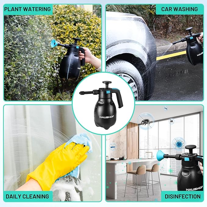 HAUSHOF Hand Pump Sprayer 1/2 Gallon, Pressure Garden Spray Bottle for Plants, Weeds, Flowers, Foam Sprayer Car Detailing with 2 Adjustable Nozzles, Lawn Watering & Outdoor Cleaning, 2L