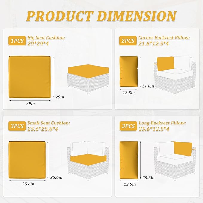 Patio Furniture Cushions, Replacement Outdoor Cushions for 4-Seat Patio Furniture, Waterproof Cushions for Outdoor Sectional Sofa Couch, Yellow