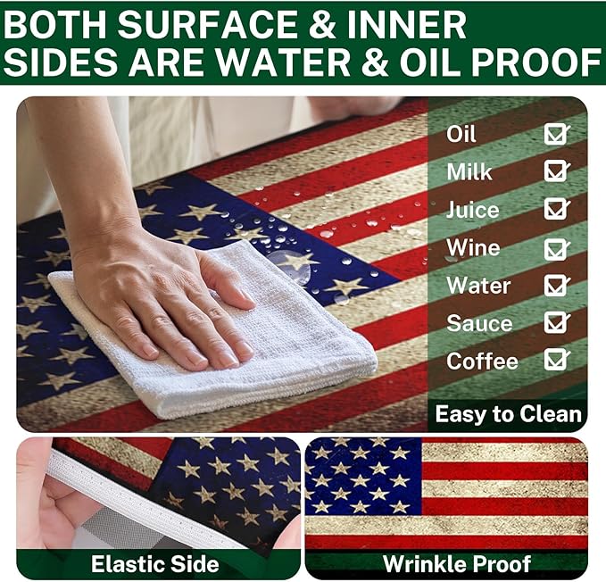 Picnic Table Cover with Bench Covers Elastic Edges, American Flag Fitted Table Cover, Outdoor Patio Camping Essentials 72 Inch 3PCS, Waterproof Camping Fitted Tablecloth with Drawstring Bag