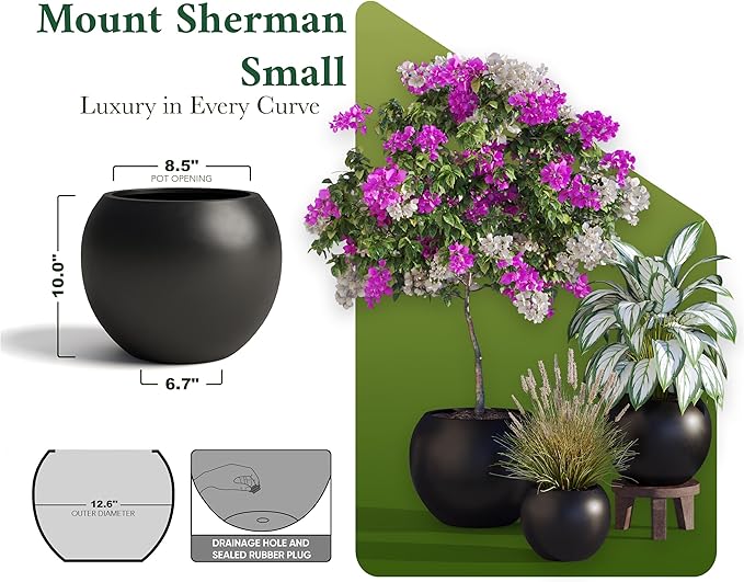 DTY Mount Sherman 12.6" D x 10'' H (Pot Opening 8.5") Fiberstone Round Planter with Drainage Hole, Smooth Finishes, Weather Resistant for Indoor and Outdoor, 2 Extra Coco Mats - Black, Small