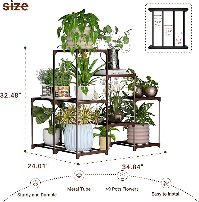 Plant Stand Indoor Outdoor Plant Shelf Stand, 3 Tiers 9 Pots Large Potted Metal Flower Plant Rack for Multiple Plants, Hanging Tall Planter Holder for Patio Balcony Living Room Corner Porch Garden Boho Decor Brown