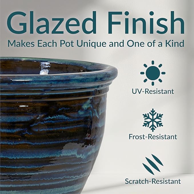 Sunnydaze Large Ceramic Plant Pot - Round Outdoor Glazed Ceramic Planter Pot with Drainage - Studio - Galaxy Blue - 18.5"