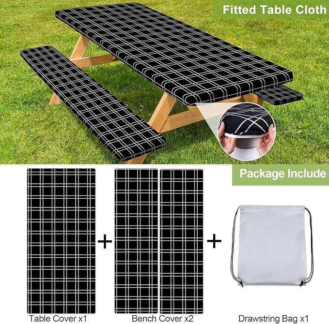 Picnic Table Cover with Bench Covers Camping Essentials Waterproof Windproof Camping Tablecloth with Drawstring Bag, Fitted Rectangle Tables and Seats, 72in, Black Checkered