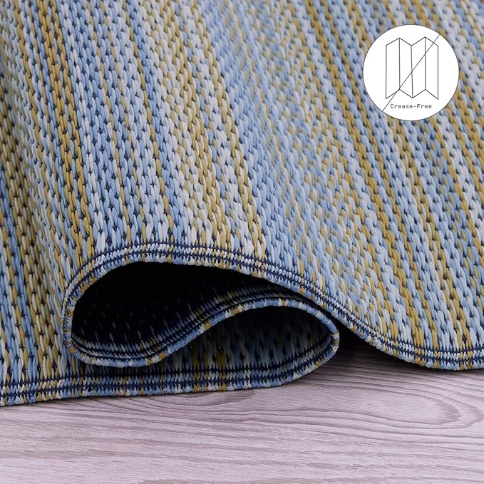 Fab Habitat Outdoor Rug - Waterproof, Fade Resistant, Crease-Free - Premium Recycled Plastic - Striped - Patio Porch Balcony Deck - Cancun - Shadow Blue - 8 x 10 ft