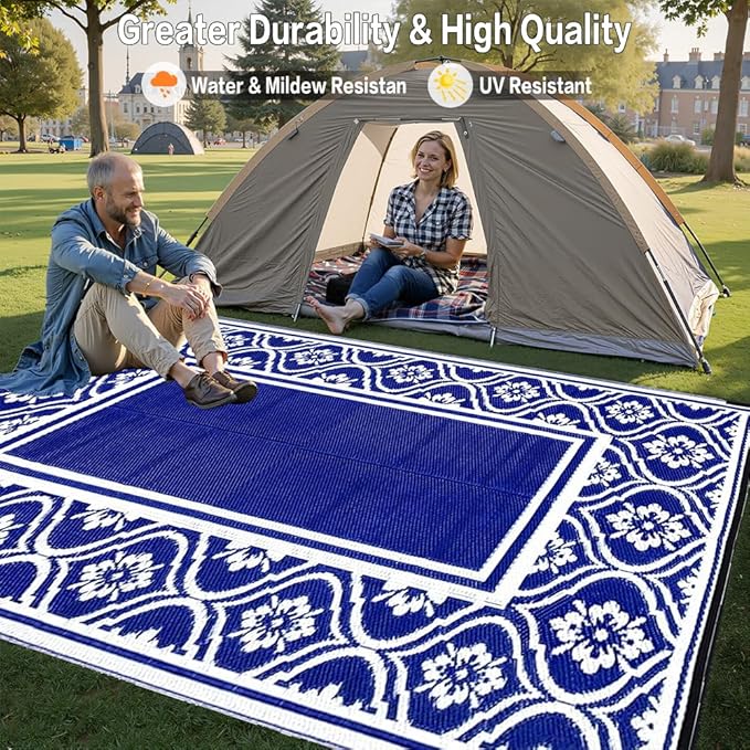 HUGEAR Plastic Outdoor Rug 6'x9' Waterproof Camping Carpet Outside Area Rug Reversible Light Blue Rugs for RV Deck Entryance Porch Picnic Balcony Beach