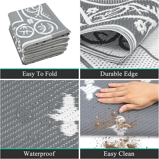 Pauwer Waterproof Outdoor Rug 9x12, Reversible Plastic Straw Patio Camping Rug, Indoor Outdoor RV Mat Carpet for Deck, Camper, Porch, Balcony, Backyard, Picnic, Bordered Grey