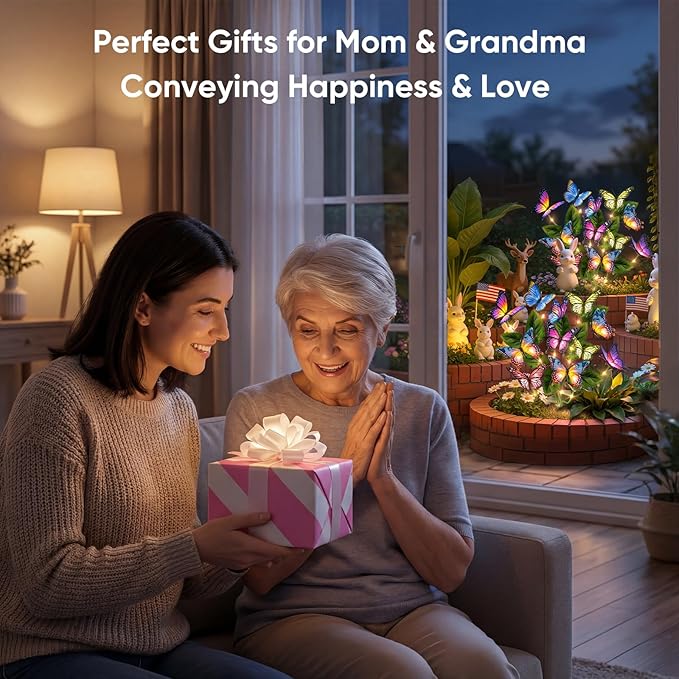 Solar Lights Outdoor Garden Decor: Gardening Gifts for Women Mom - 2 Pack 34 Butterfly Solar Lights with Colorful Bulbs - Outside Waterproof Christmas Decorations for Yard Patio Pathway Porch Lawn