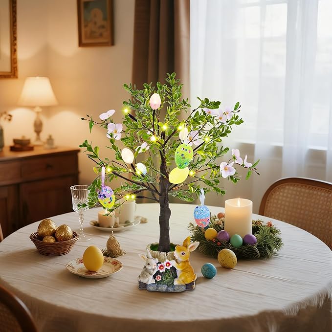 DR.DUDU Lighted Easter Tree 23.5 Inch - Pre-Lit Easter Decorations for Table with Eggs & Bunny Pot, Spring Trees Centerpiece with Lights for Dining Room, Home, Mantel, Office Décor