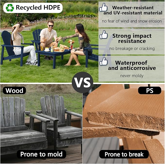nevilywood Compact Stackable Adirondack Chairs, 26.3" Wide HDPE Outdoor Patio Chairs - Durable, Space-Saving Design for Porch, Lawn or Garden, Navy