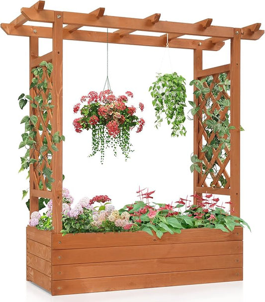 Outvita Raised Garden Bed with Trellis, Wood Planter Box with Hanging Roof, Side Trellis and Drainage Holes, Above Ground Elevated Garden Bed for Outdoor Climbing Plants Vines Vegetables (Teak Color)