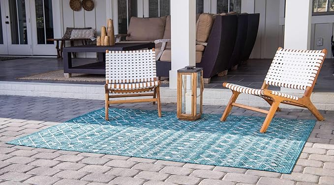 Unique Loom Outdoor Trellis Collection Area Rug - Tribal Trellis (9' x 12' Rectangle, Teal/ Ivory)