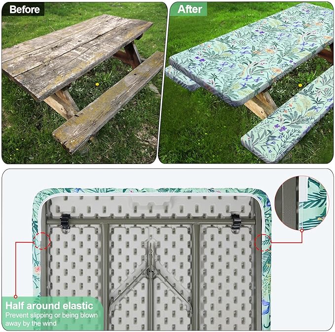 Picnic Table Cover with Bench Covers Camping Essentials Waterproof Windproof Camping Tablecloth with Drawstring Bag, Fitted Rectangle Tables and Seats, 96in, Gray Blue
