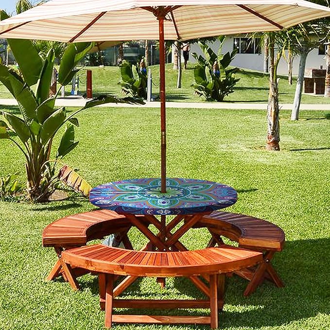 Round Fitted Outdoor Tablecloth with Umbrella Hole and Zipper Vinyl Waterproof Patio Picnic Camping Essentials for 36-44" Tables Summer Garden Rv Accessories Gift for Women Men Couple