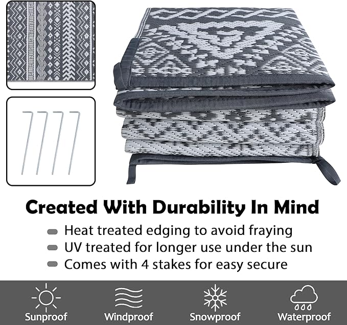 SAND MINE Reversible Mat, Indoor Outdoor Rug Carpet, Reversible Patio Rug, RV Camping Rug, Plastic Straw Rug, Large Floor Mat for RV, Patio, Backyard, Picnic, Camping, Grey & White, 6' x 9'