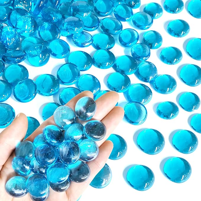 10 Pounds Blue Glass Rocks for Fire Pit, Blue Flat Glass Marbles for Vase Fillers. Decorative Glass Pebbles for Aquarium Fountains Garden Crafts Table Scatter and Home Decor