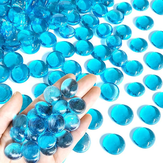 1 lb Blue Flat Glass Marbles for Vase, 100 Pcs Glass Pebbles Beads, Decorative Glass Gems for Vase Bowl Fish Tank Birdbath Floral Crafts Centerpieces and Fire Pit