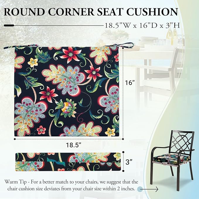 Wellsin Outdoor Chair Cushions for Patio Furniture - Outdoor Cushions for Chairs - Water Resistant Patio Chair Cushions Set of 4, 18.5"X16"X3", Flower Black