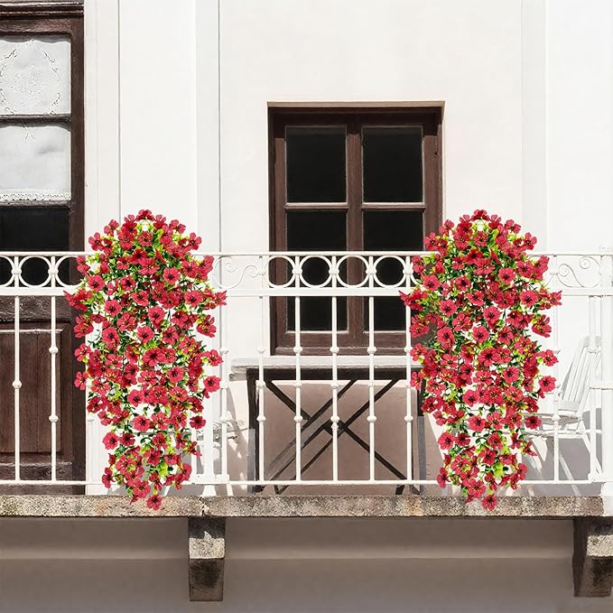4 Pcs Outdoor Fall Decor, Fall Flowers Artificial For Decoration, Artificial Mums For Outdoors, Fake Mums Faux Mums For Outside Half Sphere, Fake Hanging Plants Plastic Flowers For Home Porch (Red)