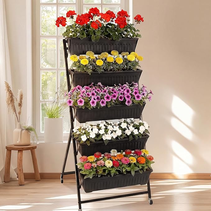 2 Set 4.5 ft Vertical Garden Planter with Lockable Wheels 5 Tier Removable Raised Bed Box for Outdoor Herb Vegetable and Flower Growing Includes Gloves and Screwdriver(Black)