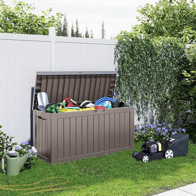 86 Gallon Outdoor Deck Box, Lockable Waterproof Outdoor Storage Boxes For Garden Tools,Indoor Cushions,Accessories Outside Storage Resin Weatherproof Container(Grey)