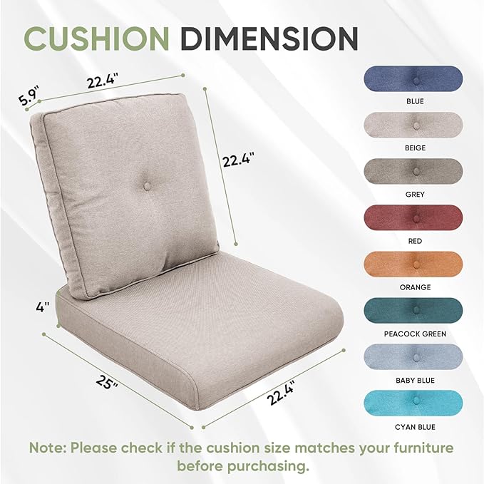 Outdoor Chair Cushion Set of 3, Waterproof Outdoor Seat Cushions 25x22, Patio Chair Cushions for Outdoor Furniture, Couch Cushion Replacement, Include 3 Back & 3 Seat Cushions, Button/Beige