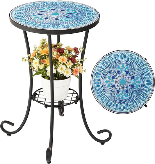 Side Table Outdoor, Mosaic Patio Table with Planter Stand, 22" H Iron Coffee End Table,Weather Resistant Tile Top Metal Drink Bar Table for Indoor Garden Balcony Yard Bistro Balcony