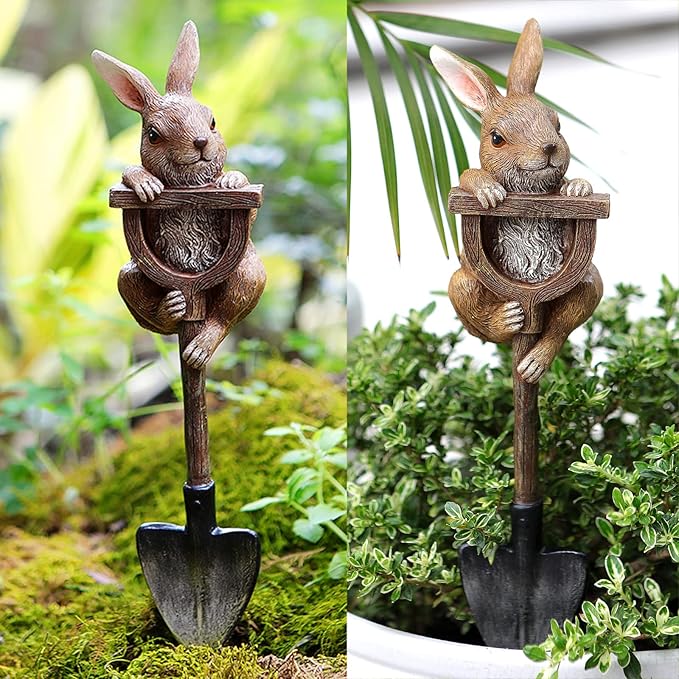 Bunny Statue Whimsical Garden Decor for Outside, Resin Bunny Rabbit Figurine on Shovel, Outdoor Lawn Decoration Garden Bunnies Figurine for Patio Yard Front Porch, Easter Decor
