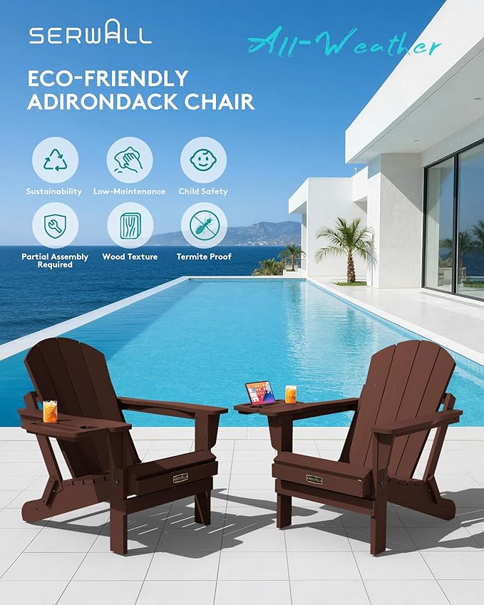 SERWALL Folding Adirondack Chair Set of 4, Outdoor Adirondack Chairs with 4 in 1 Cup Holder, Wood Texture Patio Chairs, Weather Resistant Fire Pit Chairs for Patio Deck Garden, Backyard Deck - Coffee