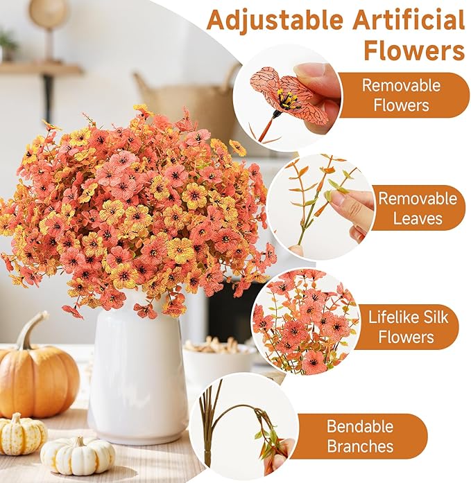 SHareconn 24 Bundles Artificial Fall Flowers for Outdoors Decoration, UV Resistant Silk Eucalyptus Lavender Faux Autumn Fake Plants for Outside Indoor Garden Yard Porch Home Decor, Autumn Orange-Red