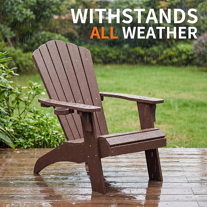 Psilvam Adirondack Chair, Oversized Poly Lumber Fire Pit Chair with Cup Holder, 350Lbs Support Patio Chairs for Garden, Weather Resistant Outdoors Seating, Relaxing Gift for Father & Mother (Brown)