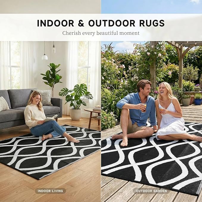 wikiwiki 6x9ft Outdoor Rug, Reversible Plastic Patio Rug Waterproof, Indoor Outdoor Carpet Clearance, Large Area Carpet for Patio Deck Balcony Pool RV Camping Beach Picnic, Black & White