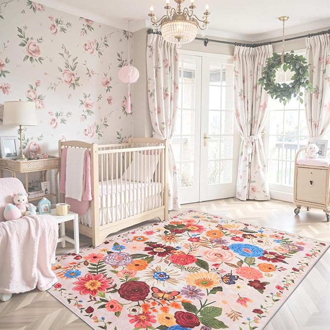 Pink/Beige Floral Machine Washable Rug, 3x5 Rug Non Slip Soft Bedroom Rugs for Entryway Dorm, Ultra-Thin Rugs for Bedroom Stain Resistan(3 x 5, Beige/Pink Garden)