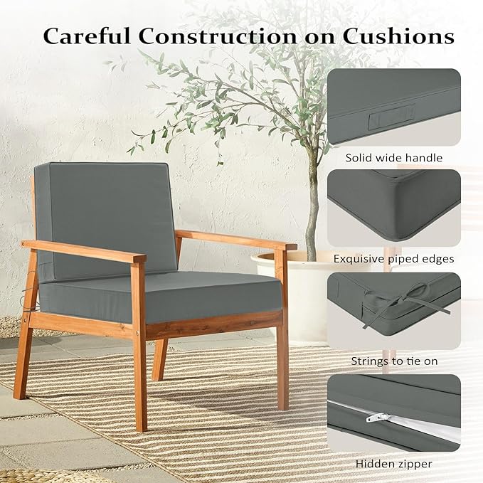 Cozyide 22x22 Outdoor Cushions for Patio Furniture, Waterproof Outdoor Chair Cushions with Non-Slip Ties and Handle, Washable Deep Seat Cushions for Outdoor Furniture with Removable Cover, Dark Gray