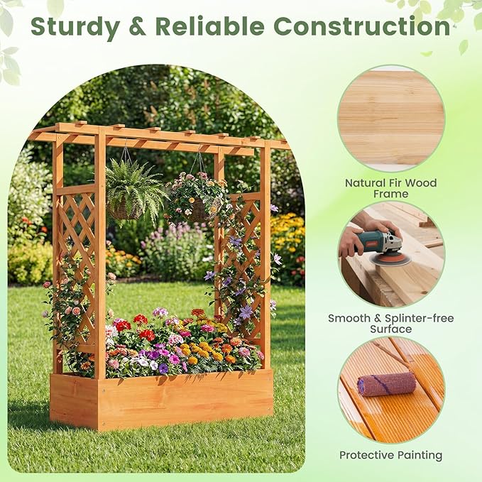 Raised Garden Bed with Trellis, Wood Planter Box w/Trellis, Hanging Roof, Drainage Holes, Freestanding Planter Raised Bed for Outdoor Climbing Plants Flowers, Patio Yard Balcony (2, Orange)
