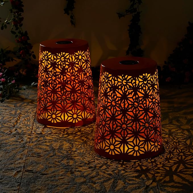 Glitzhome Ourdoor Side Table Set of 2,Solar Iron Cutout Geometric Pattern Decorative Garden Stool Planter Stand,Accent Table or Lantern for Patio Poolside Party Yard,Orange
