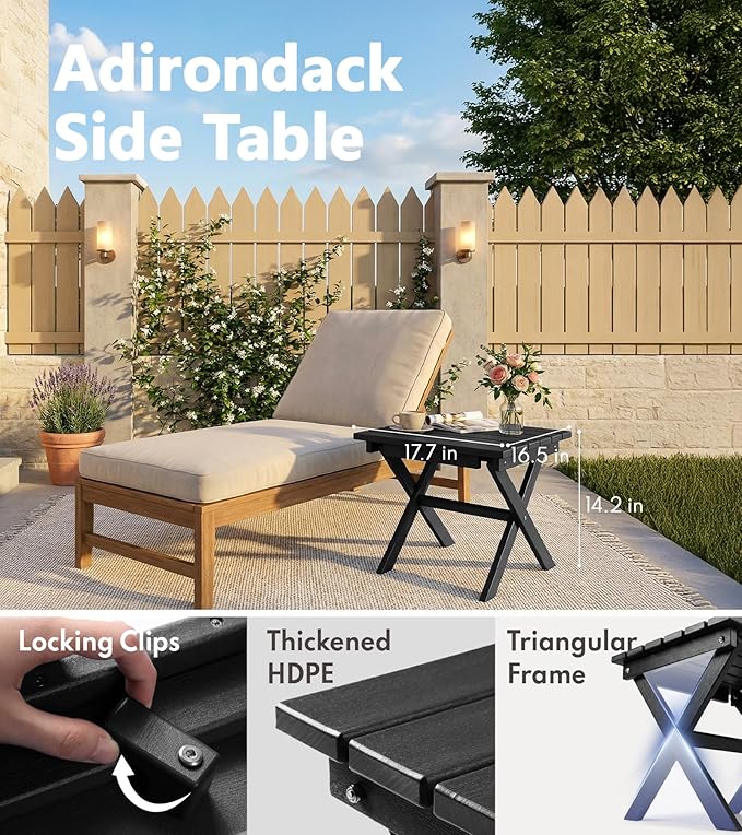 PASAMIC Folding Outdoor Side Table, HDPE Adirondack Patio End Table, Portable, No Assembly, Weather-Resistant for Camping, RV, Poolside, Garden, Indoor & Outdoor Use (Black)