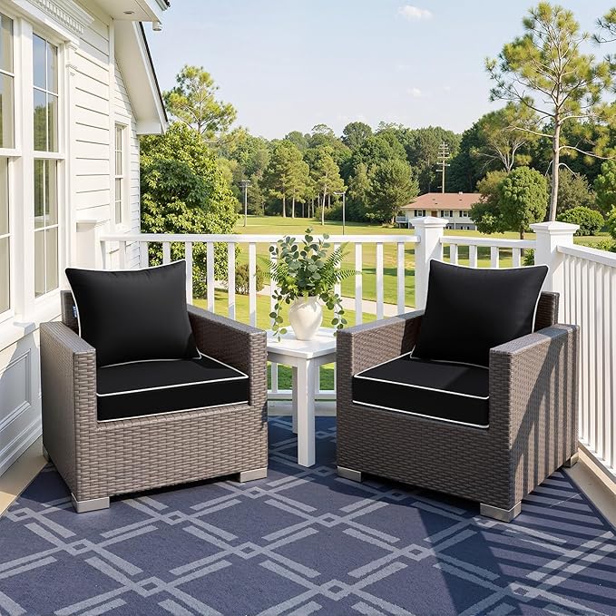 MIULEE Black Outdoor Seat Cushion 24x24 Inch Waterproof & 3 Year Fade Resistant Deep Seat and Back Cushion for Patio Furniture Chair Sofa Couch with Handle and Adjustable Straps