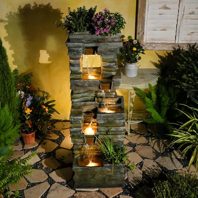 60 inches Large Outdoor Water Fountain Waterfall — Garden Rock Fountains 4-Tiered Waterfalls Outdoor with Lights Natural Stone Look Hollow Fountain for Patio Pool Porch Backyard, Stone Gray