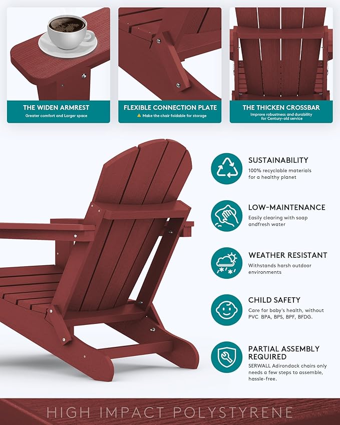 SERWALL Folding Adirondack Chair Outdoor Adirondack Chairs Weather Resistant Fire Pit Chairs for Patio - Red